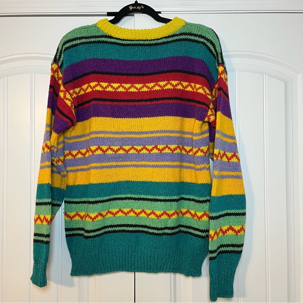 Vintage 80s Colorful Striped Sweater Geometric Granola Cabin Knit Chunky Small - Picture 5 of 6
